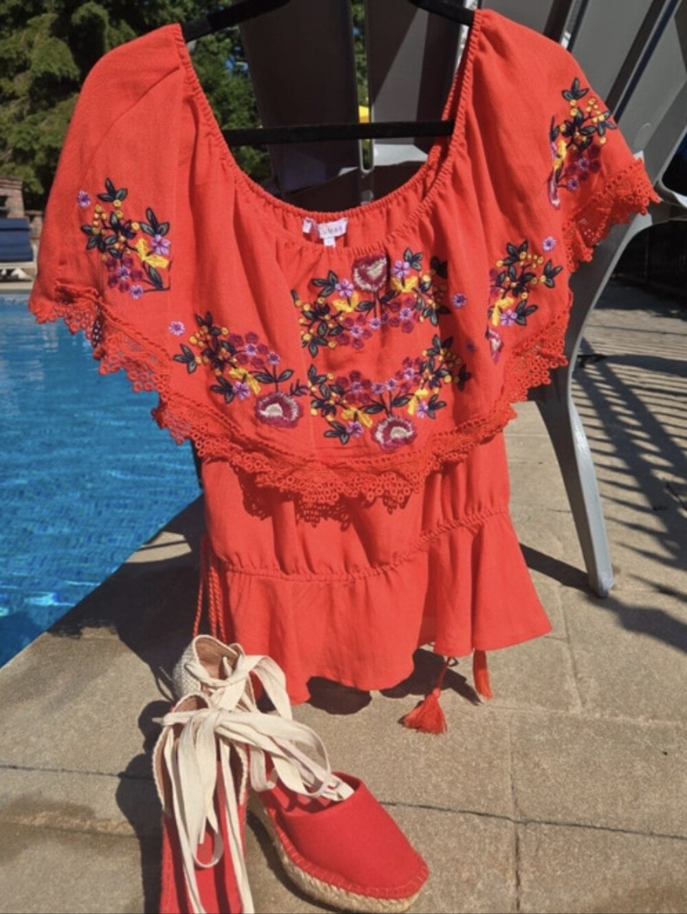 Anthro Tomato Red Embroidered Ruffle Top